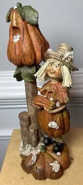 Vintage Fall Scarecrow Pumpkin Figurine Autumn Harvest Table Decor Resin 10”